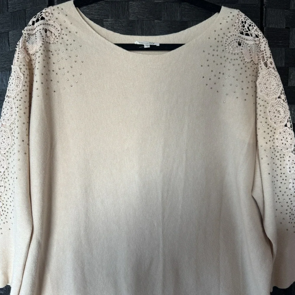 Siren Lily Women's Sweater Size 1X Beige Pullover Beaded Crochet